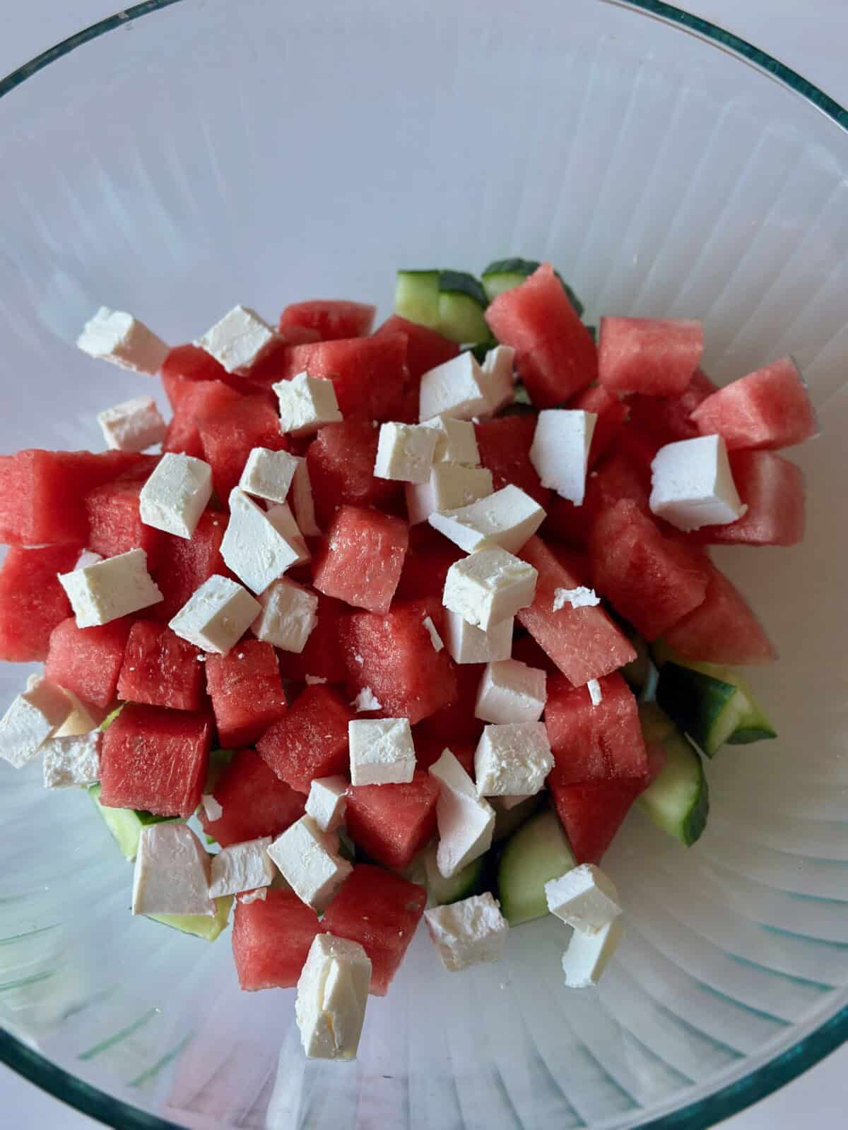 Watermelon, Cucumber, and Feta in Glass Bowl