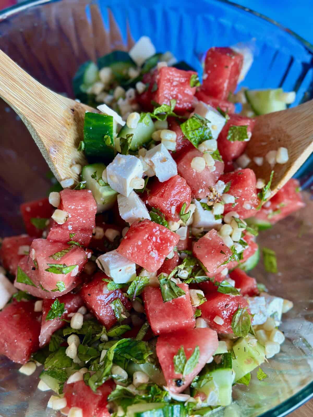 Watermelon Feta Salad on Wooden Spoon