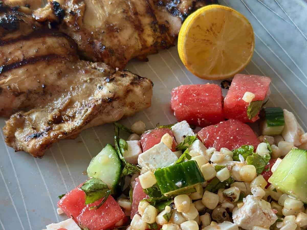 Watermelon Feta Salad with Chicken on Plate
