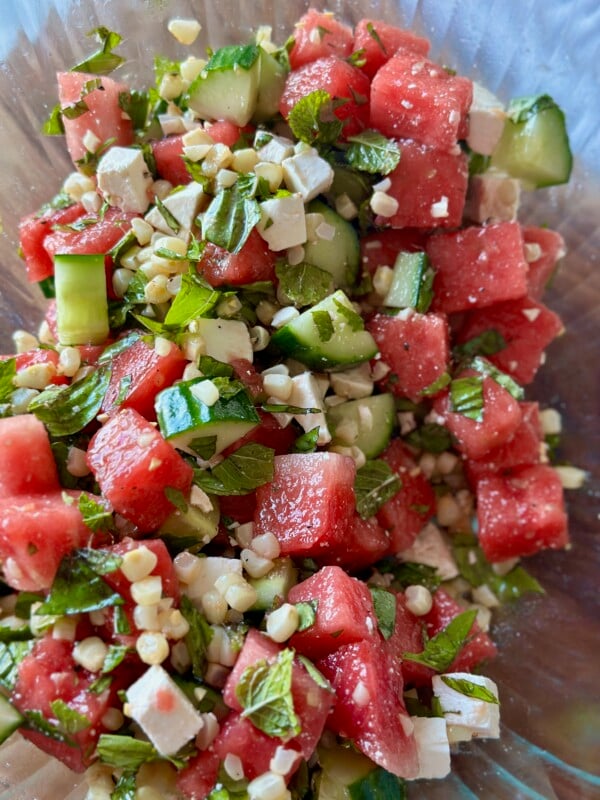 Watermelon Feta Salad with Grilled Corn and Cucumber