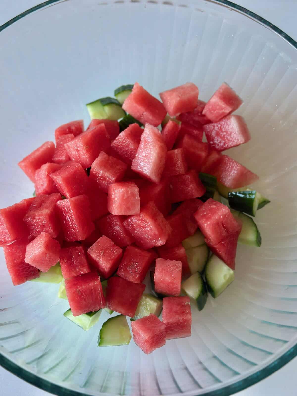 Watermelon and Cucumber in Glass Bowl