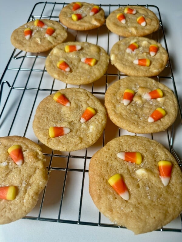 White Chocolate Miso Cookies with Candy Corn on Cooling Rack