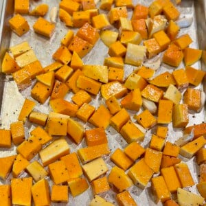 Cut Butternut Squash on Baking Sheet