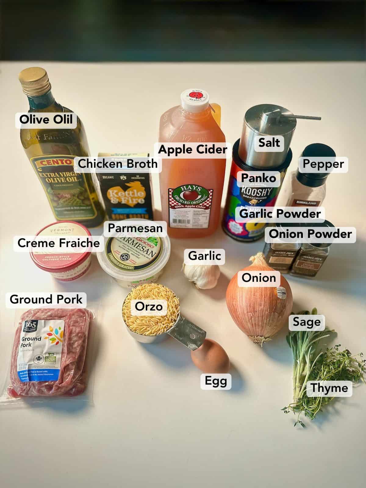 Ingredients for baked sage pork meatballs and apple cider orzo.