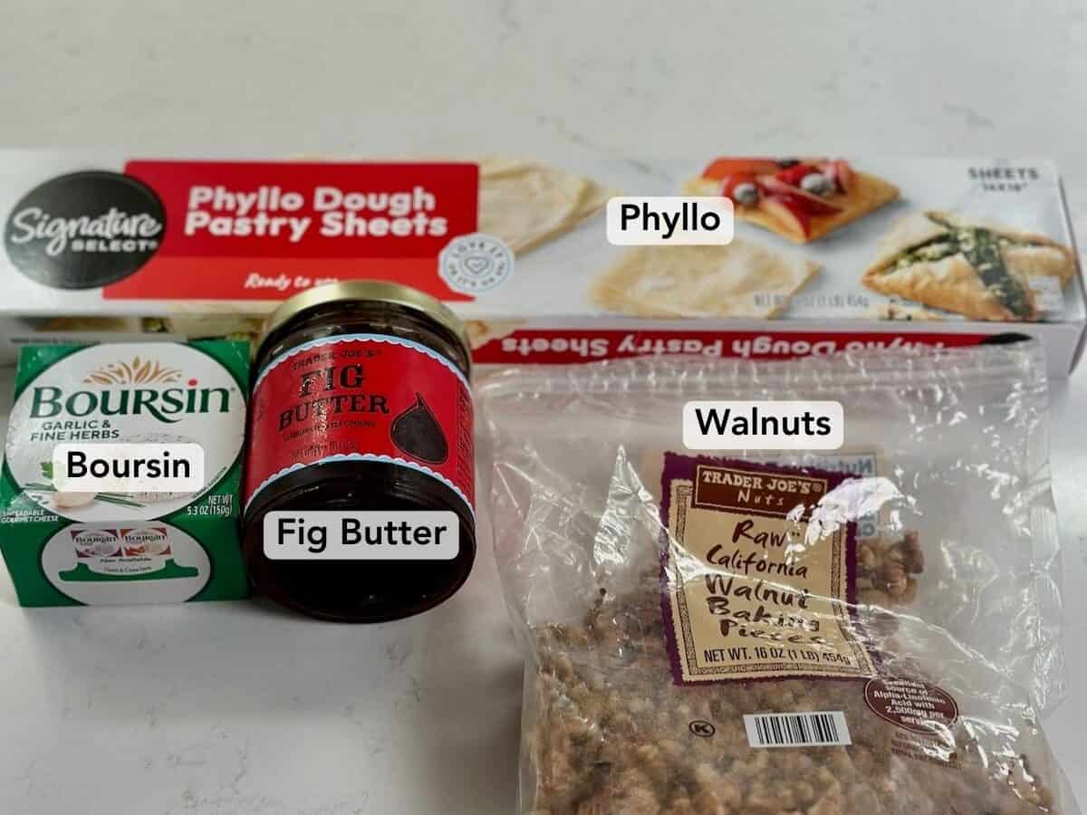 Ingredients for Boursin and fig phyllo cups on countertop.