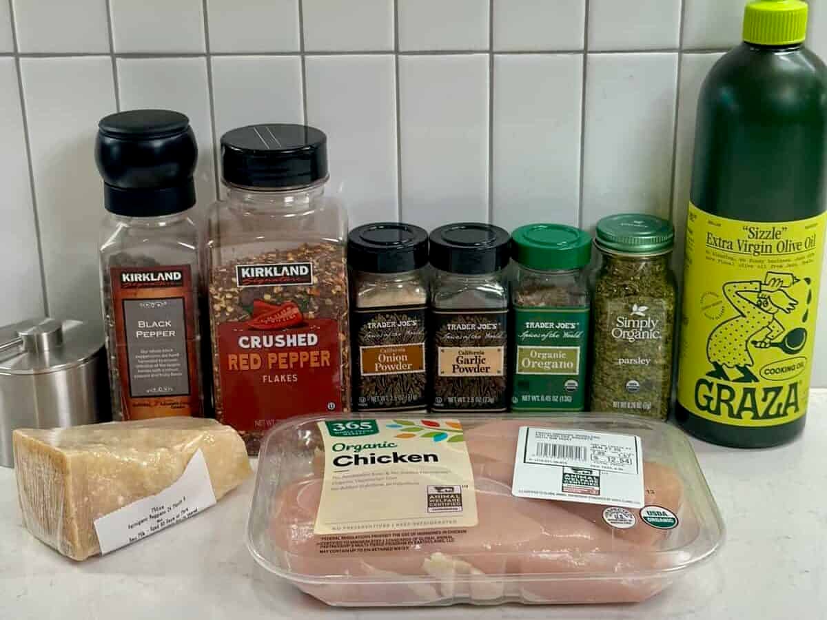 Ingredients for air fryer parmesan crusted chicken.