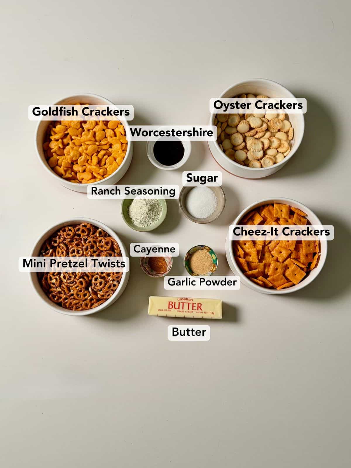 Ingredients for homemade cheez-it ranch snack mix.
