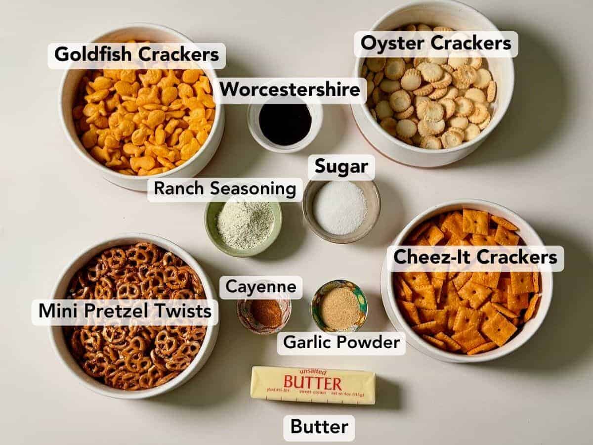 Ingredients for homemade cheez-it ranch snack mix.