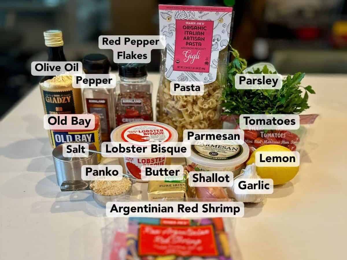 Ingredients for lobster bisque pasta.