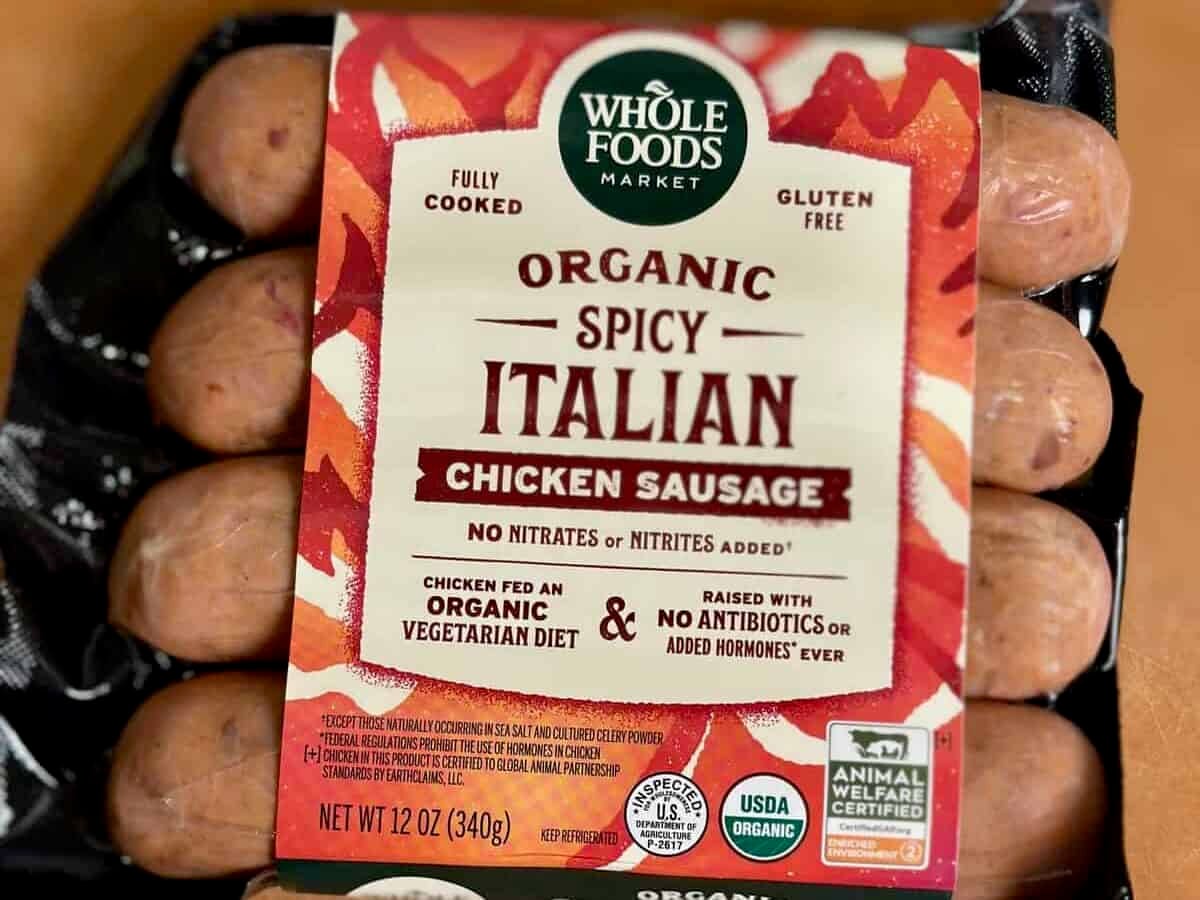 Spicy Italian chicken sausage links in the packaging.