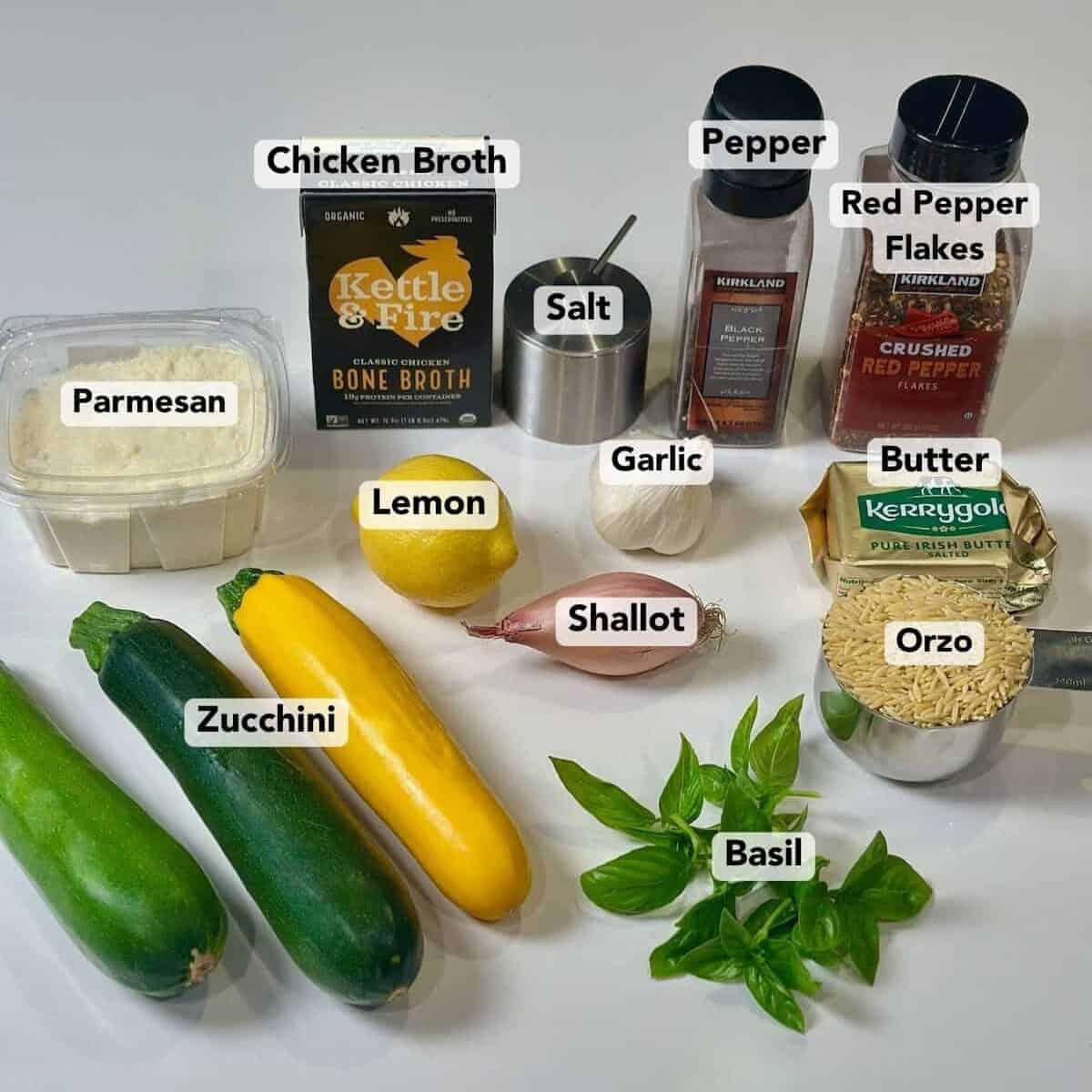 Ingredients for creamy zucchini orzo labeled.