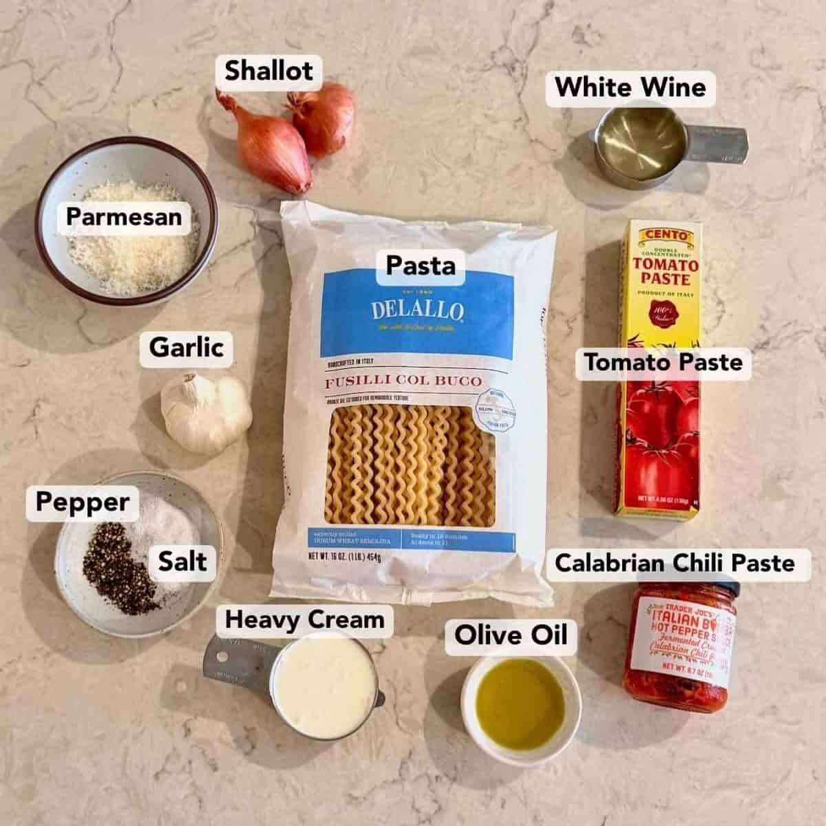 Labeled ingredients for spicy Calabrian chili pasta.