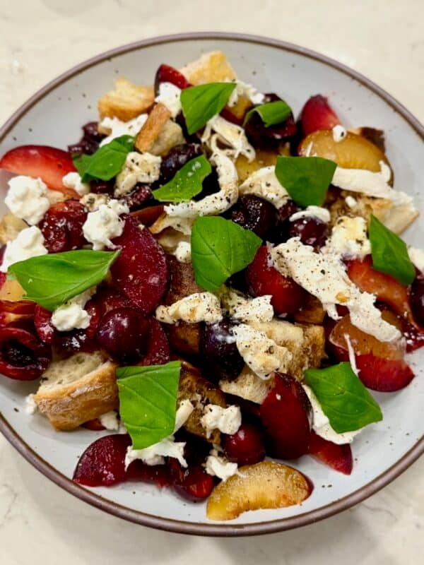 Stone fruit panzanella salad with burrata, toasted ciabatta, cherries, nectarines, red plum, and fresh basil.