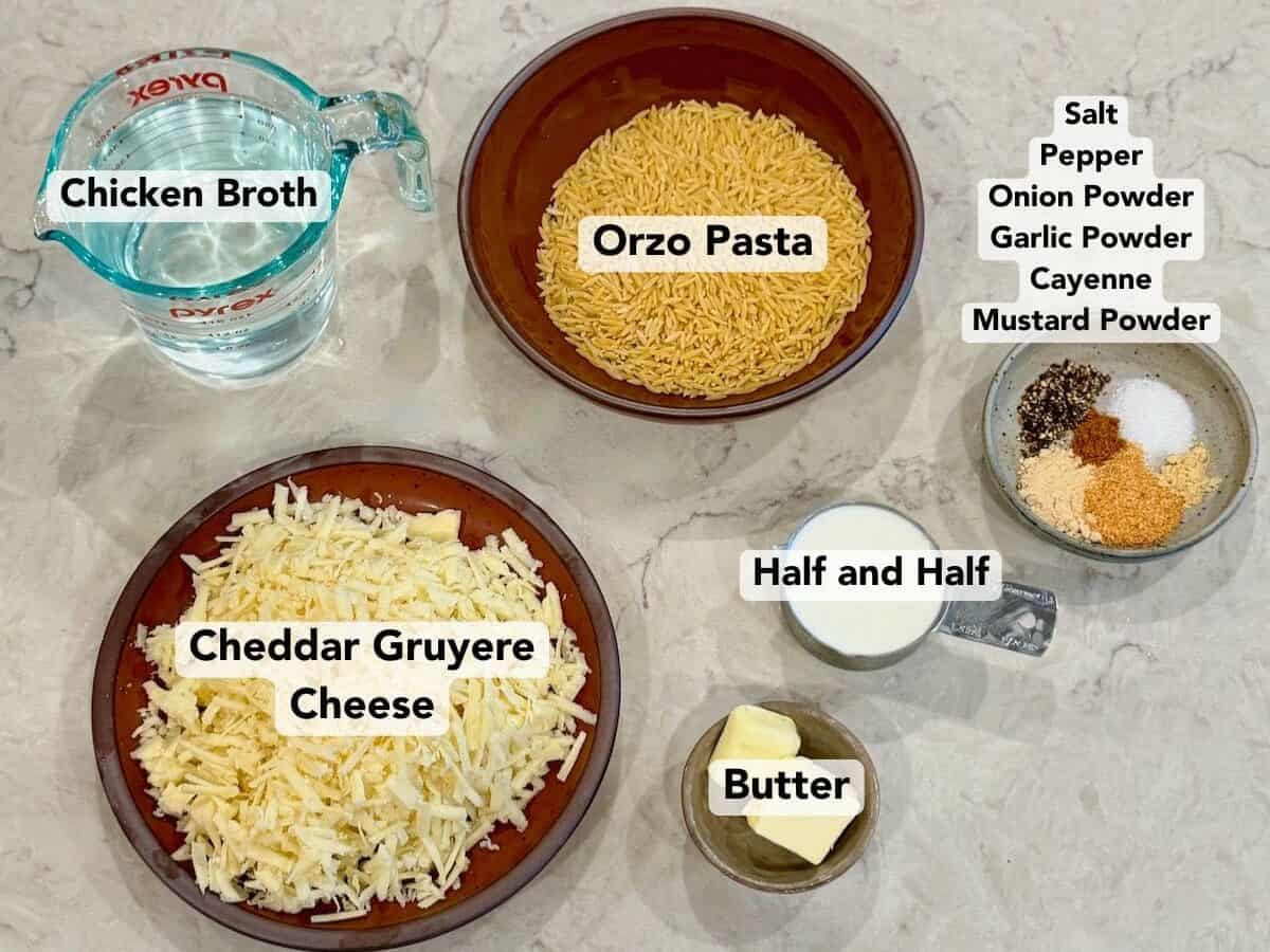 Ingredients for one pot orzo mac and cheese.