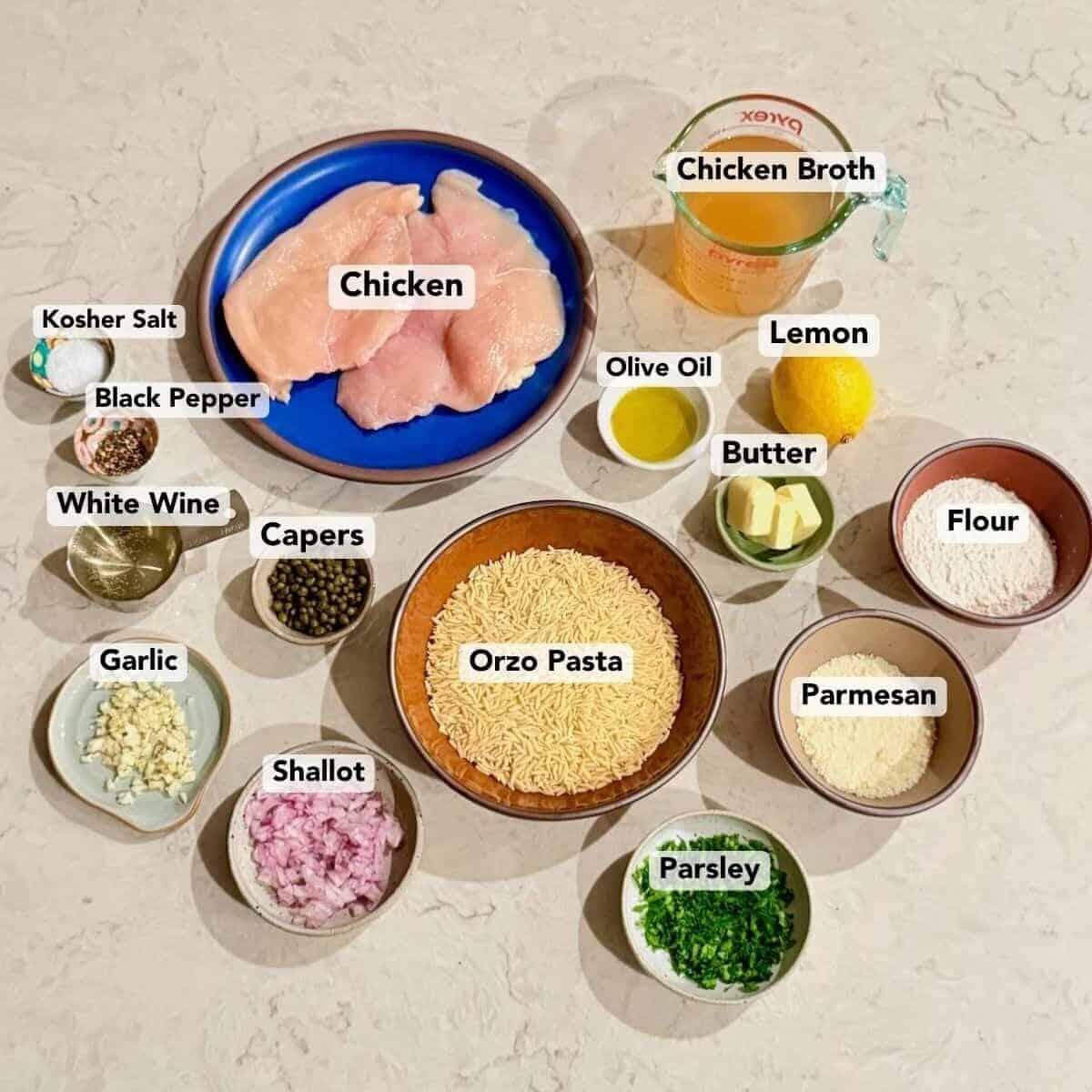 Chicken, orzo, lemon, capers, shallot, garlic, broth, and other ingredients are arranged on a countertop.
