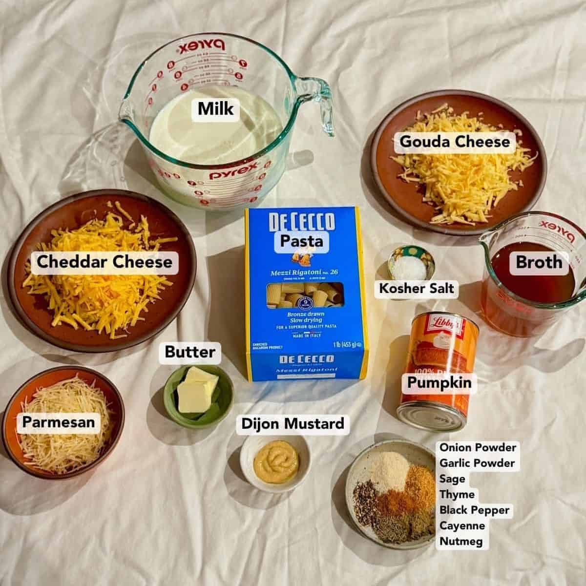 Ingredients for Trader Joe’s copycat butternut squash mac and cheese are arranged on a counter.