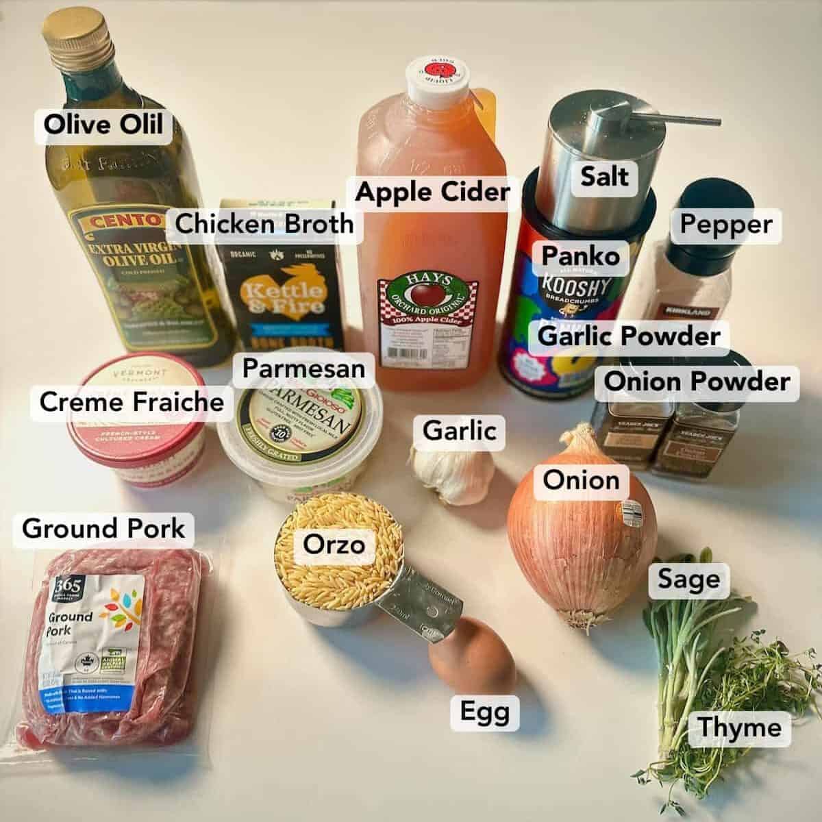 Ingredients for baked sage pork meatballs and apple cider orzo.
