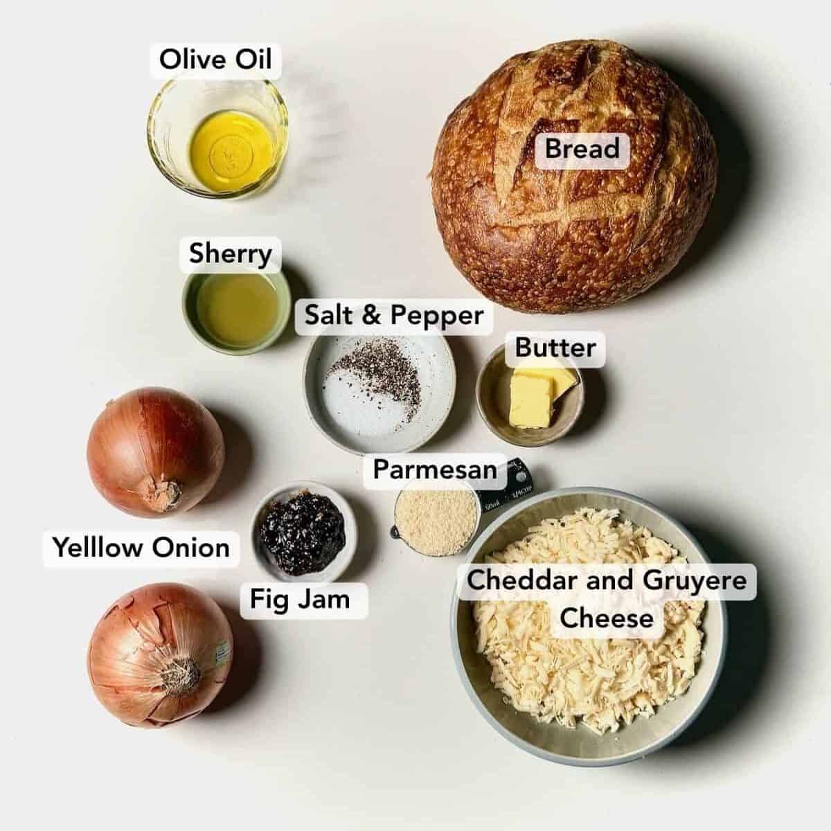 Ingredients for caramelized onion grilled cheese.