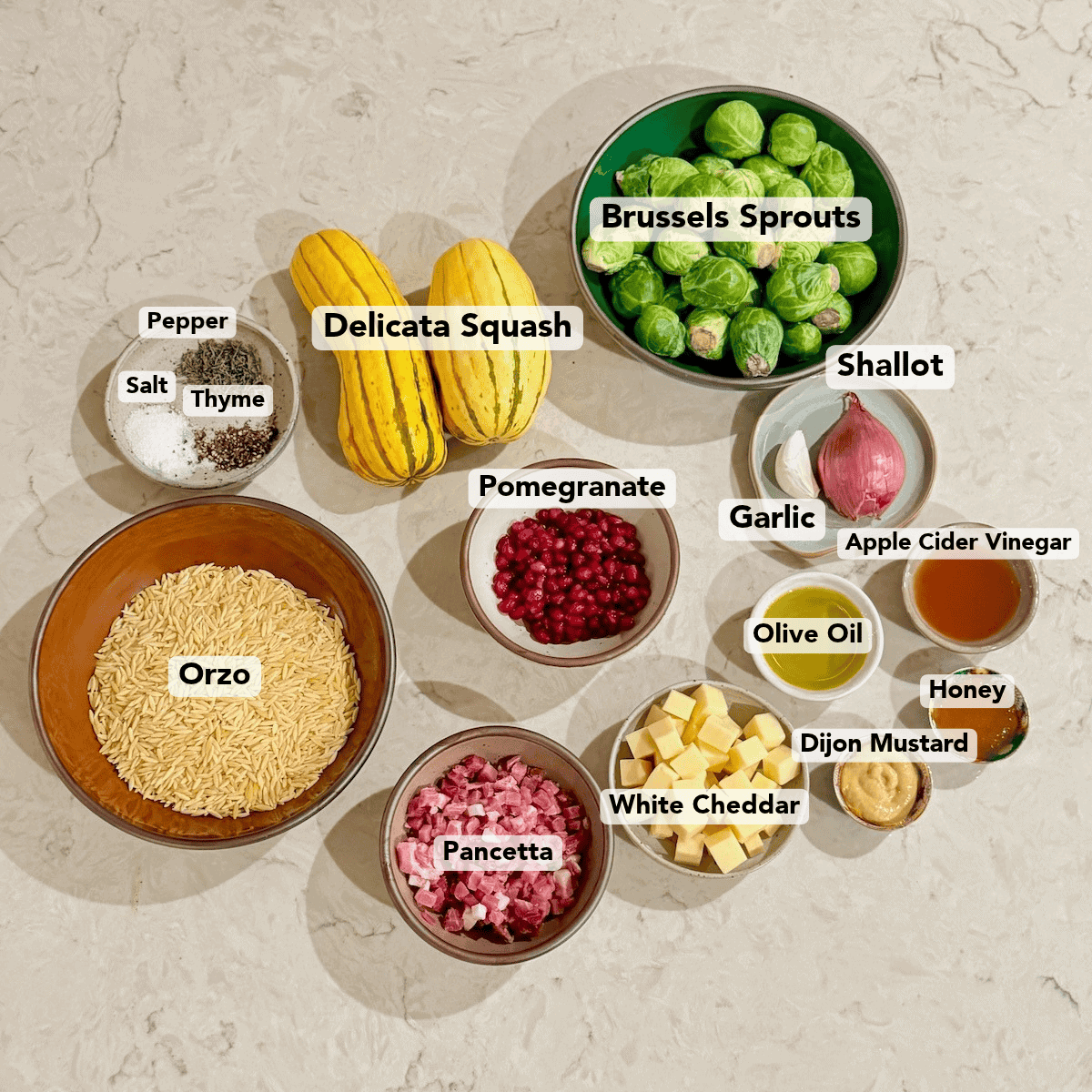 Ingredients for warm fall orzo salad.
